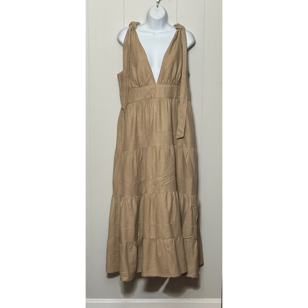 House of Harlow 1960 Tan Linen Blend Tiered V-Neck Maxi Dress Size Large - Picture 2 of 9